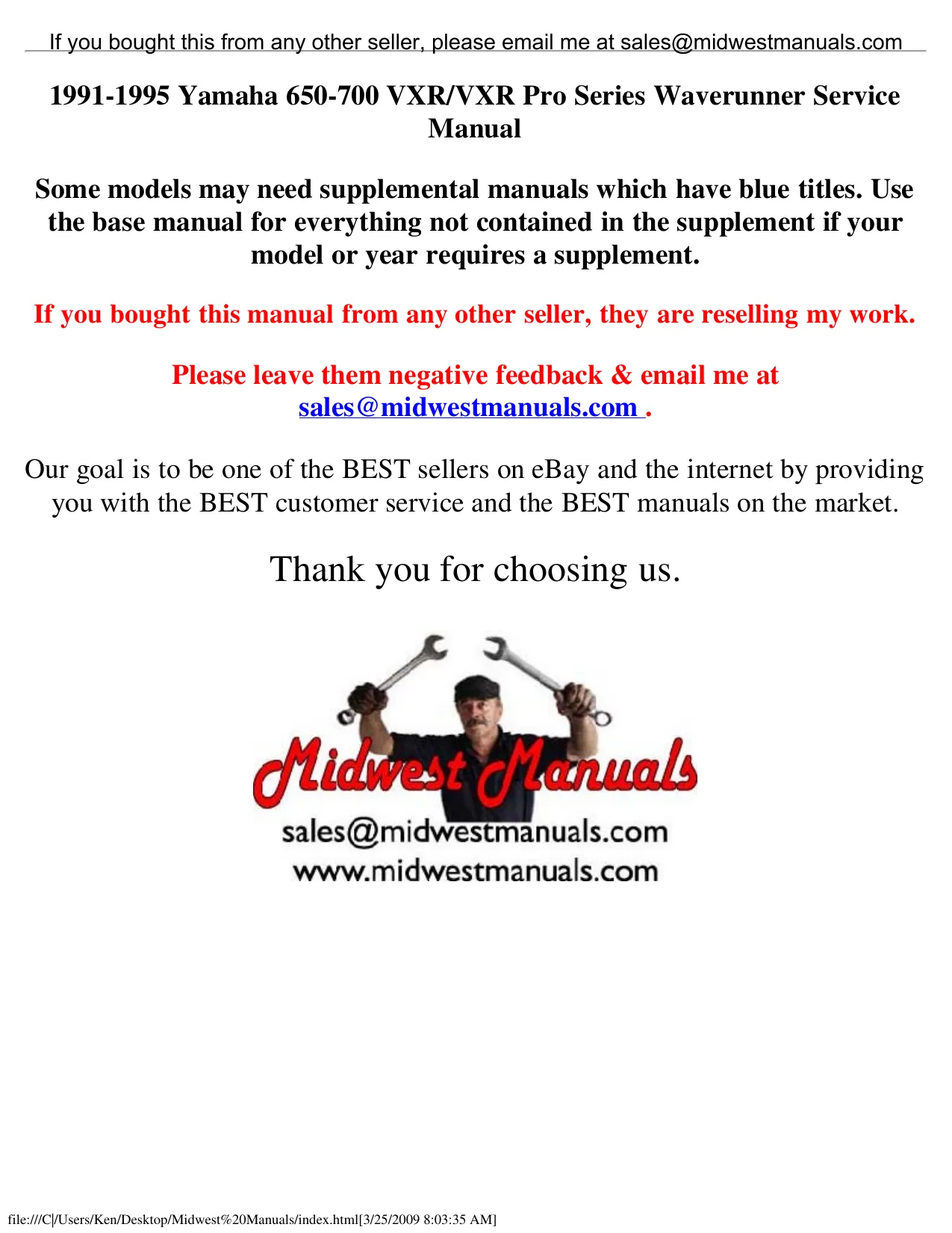1991-1995 Yamaha 650-700 VXR/VXR Pro Series Waverunner Service Manual