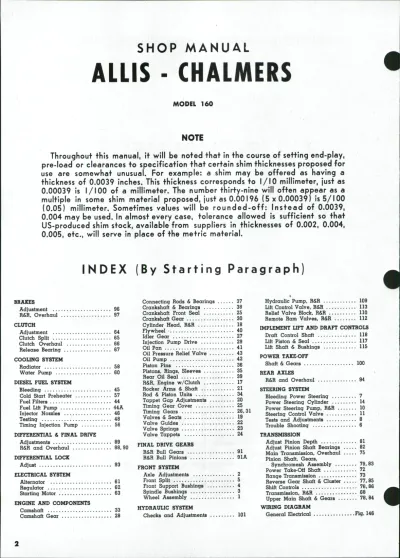 Allis Chalmers Model 160 Tractor 1970–1975 Shop Manual