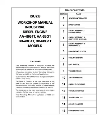 Isuzu Industrial Diesel Engine AA-4BG1T & AA-6BG1 Workshop Manual Preview image 2
