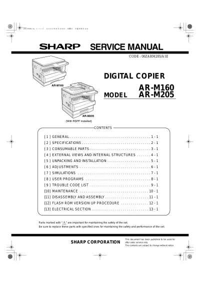 Sharp AR-M160 & AR-M205 Digital Copier Service Manual OEM (P/N 00ZARM205/A1E)