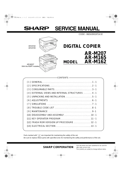 Sharp AR-M207 / AR-M165 / AR-M162 Digital Copier Service Manual (P/N 00ZARM207/A1E)