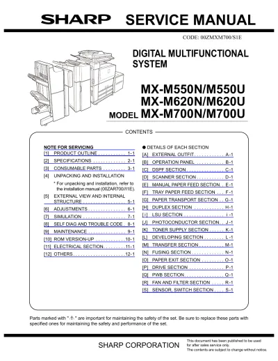 Sharp MX-M550N/M550U, MX-M620N/M620U, MX-M700N/M700U 2010 Service Manual (P/N C4256-90954)