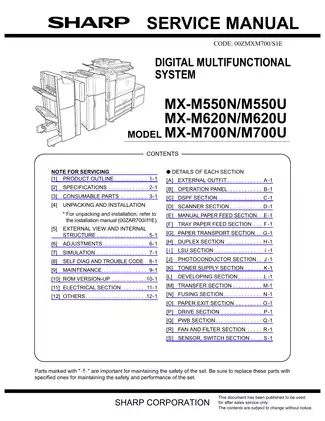 Sharp MX-M550N/M550U, MX-M620N/M620U, MX-M700N/M700U service manual Preview image 1