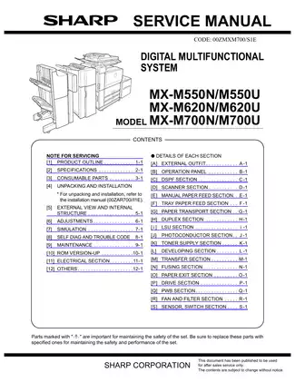 SHARP MX-M700N Service Manual - Digital Multifunctional System Guide