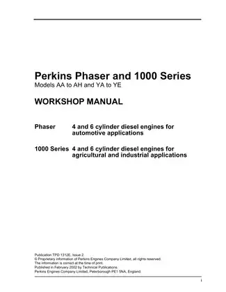 Perkins Phaser 1000 series AA, AB, AC, AD, AE, AG, AH, YA, YB, YC, YD, YE diesel engine workshop manual Preview image 1
