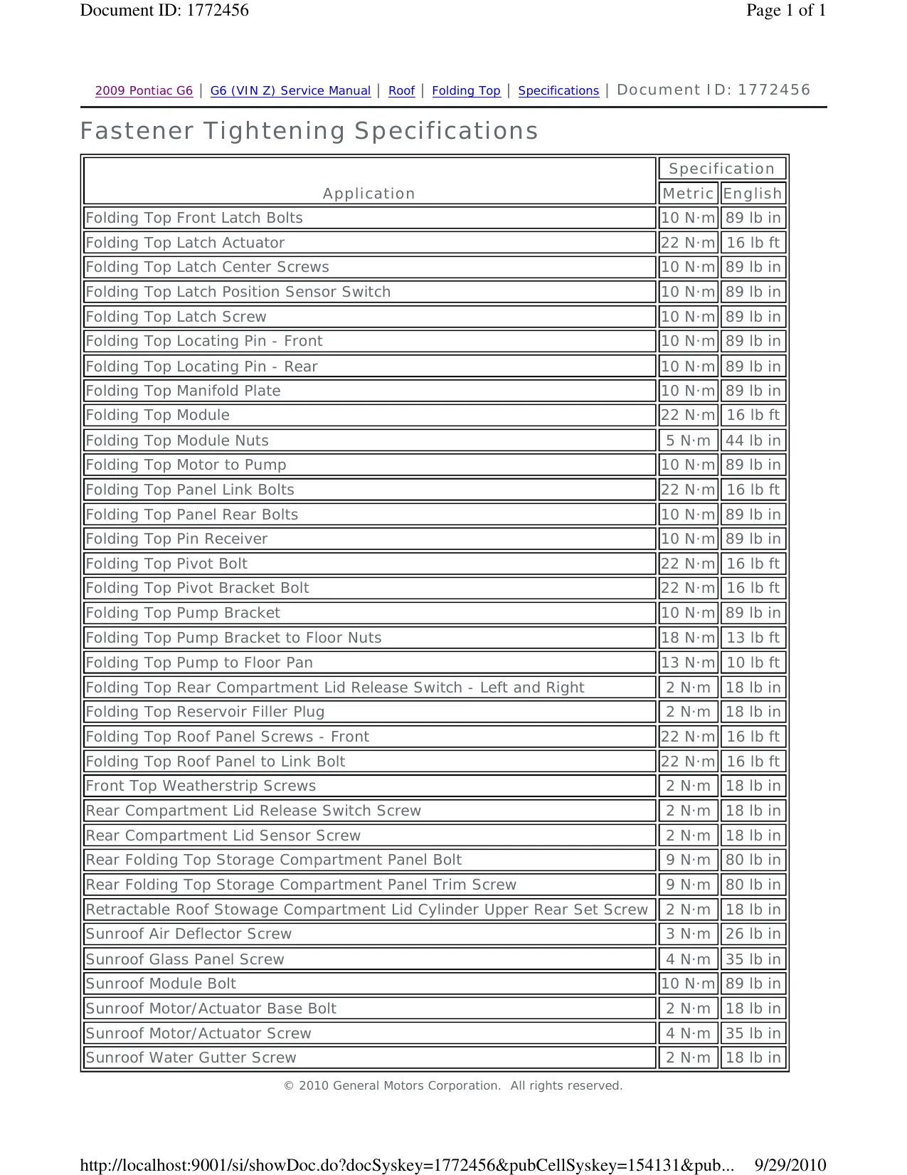 2006-2010 Pontiac G6 convertible shop manual