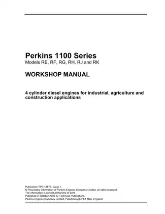 Perkins 1100, RE, RF, RG, RH, RJ, RK diesel engine workshop manual Preview image 1