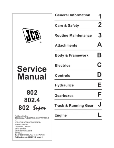 Preview: JCB 801.4, 802, 802.4, 802 Super Mini Excavator 1994–2005 Factory Service Manual (P/N 9803/3140)