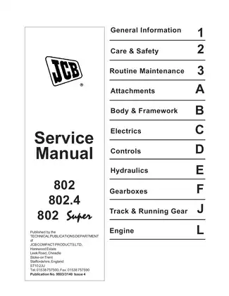 JCB Mini Excavator Service Manual - Model 802 Super (1994-2000)