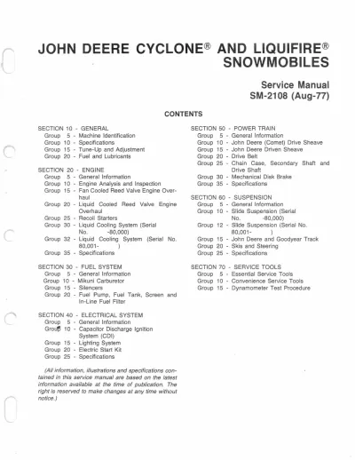 Preview: John Deere Cyclone & Liquifire Snowmobile 1976–1978 Service Manual  (P/N SM-2108)