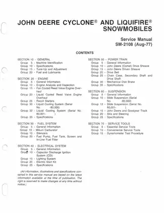 John Deere Cyclone® & Liquifire® Snowmobiles Service Manual (Aug-77)