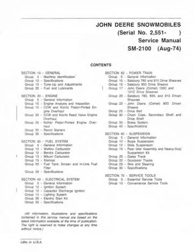 Preview: 1972–1975 John Deere 300, 400, 500, 600, 800, JDX4, JDX4 Special, JDX6, JDX8, and JD295/S Snowmobile Factory Service Manual (P/N  SM-2100)