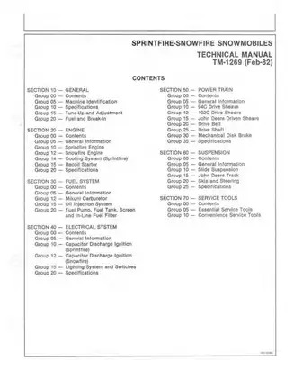 John Deere Sprintfire & Snowfire Snowmobile Technical Manual Preview image 1