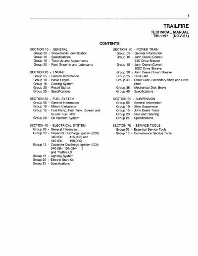 Preview: 1979–1982 John Deere Trailfire 340, 440, Trailfire LX Snowmobile Service Manual (P/N TM-1197)