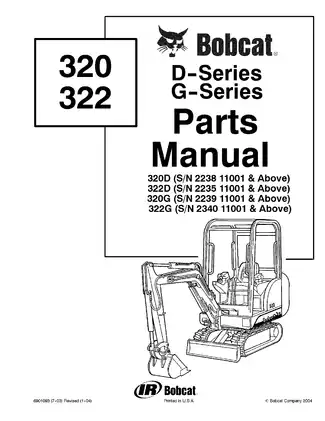 Bobcat 320-D, 322-D, 320-G, 322-G excavator parts list