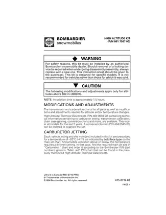 1997 Bombardier Ski-Doo Tundra, Skandic, Touring, Formula, MX Z, Summit, Grand Touring, Mach service manual Preview image 1