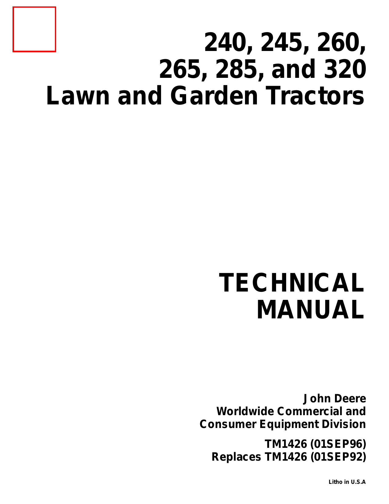 John Deere 240, 245, 260, 265, 285, 320 garden tractor repair manual - TM-1426 Preview image 1