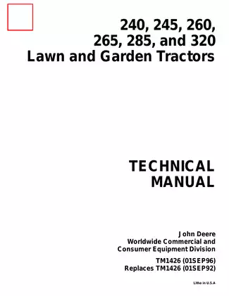 John Deere 240, 245, 260, 265, 285, 320 garden tractor technical repair manual