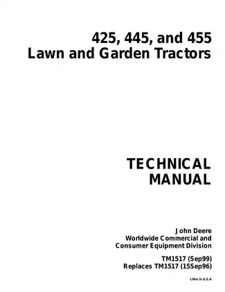 John Deere 425, 445, 455 lawn and garden tractor technical manual Preview image 1