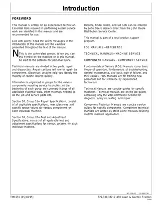 Comprehensive Service Manual for John Deere 322, 330, 332 & 430 Lawn and Garden Tractors Preview image 2