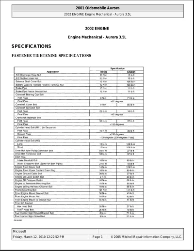 2001–2002 Oldsmobile Aurora Engine Mechanical - Aurora 3.5L Service Manual