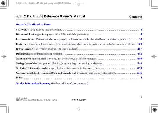 2011 Acura MDX Owner's Manual - Comprehensive Guide to Features and Maintenance Preview image 5