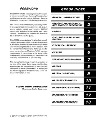 Comprehensive Service Manual for Suzuki DR250 Motorcycle (1990-1995) Preview image 2