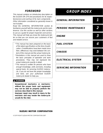 Preview: 2008–2009 Suzuki DR-Z70 / DR-Z70K8 / DR-Z70K9 Factory Service Manual (OEM)