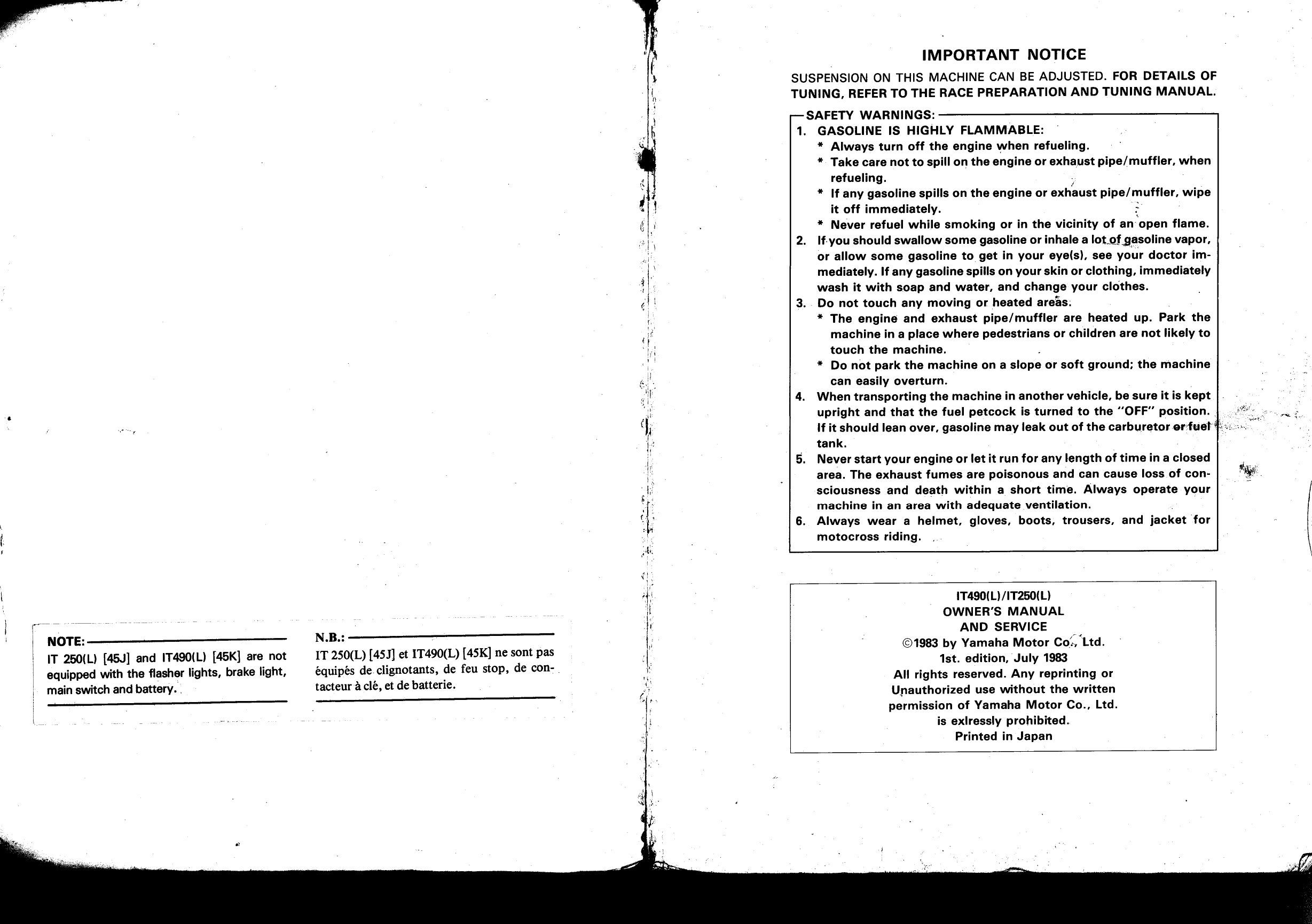 1984 Yamaha IT490(L), IT250(L) owner´s service manual Preview image 2