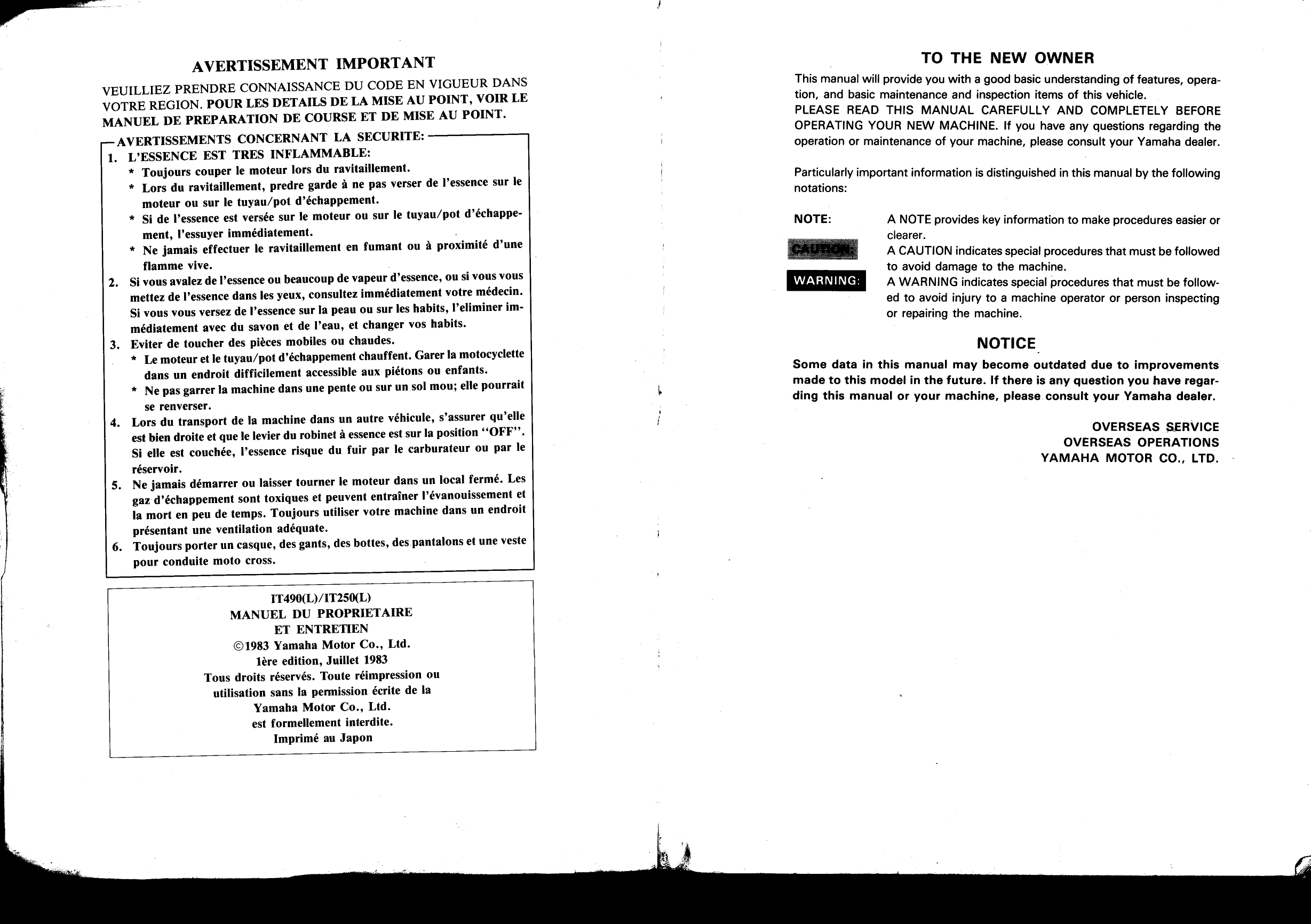 1984 Yamaha IT490(L), IT250(L) owner´s service manual Preview image 3