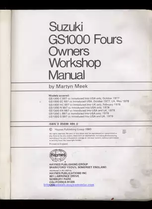 1977-1981 Suzuki GS 1000 Fours owners workshop manual Preview image 2