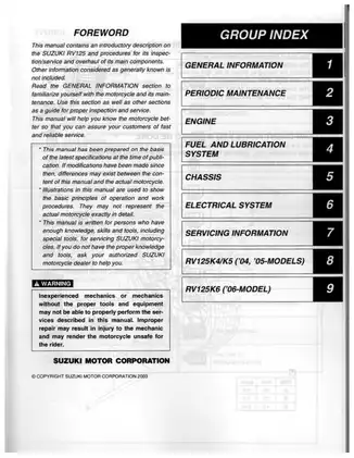 Suzuki RV125 Motorcycle Service Manual - Comprehensive Guide for Maintenance and Repair Preview image 1