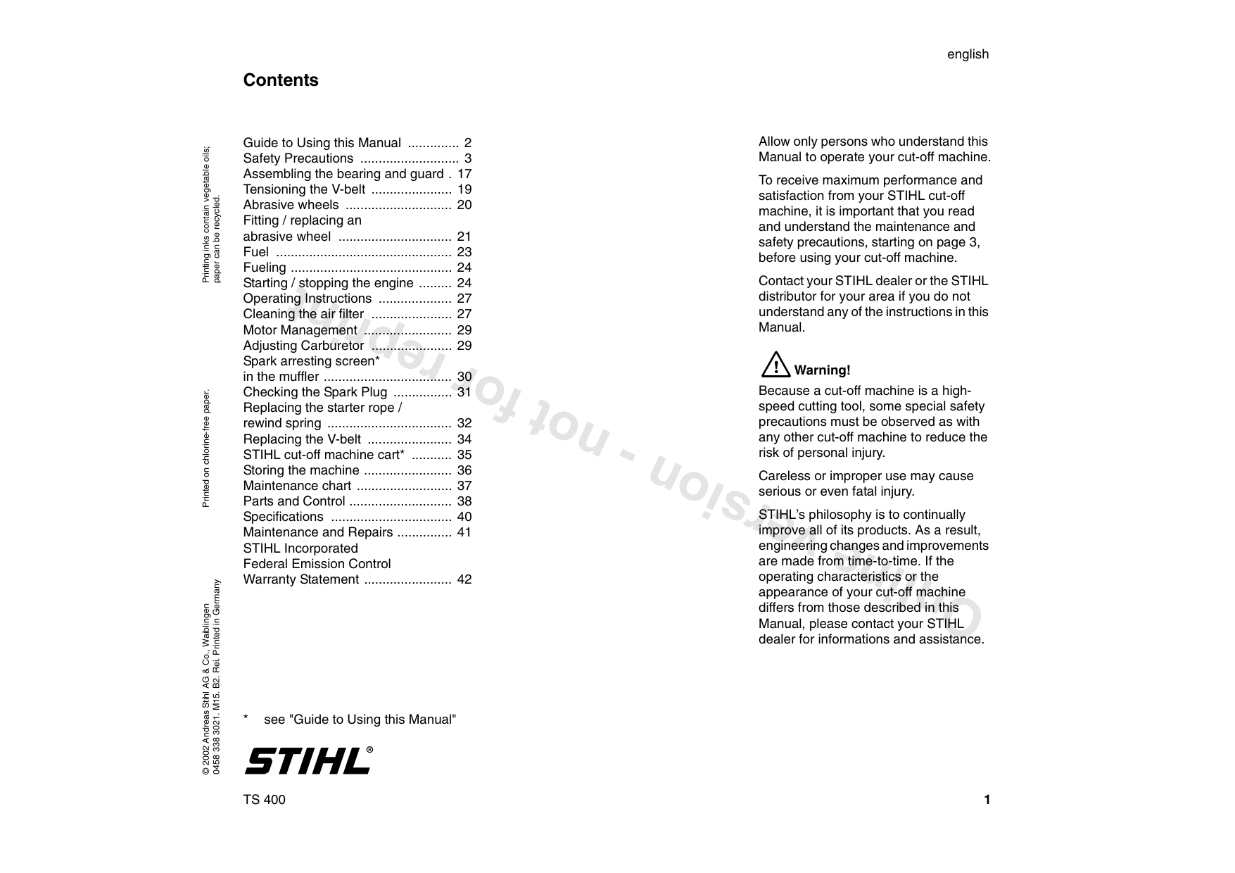 Stihl TS 400 concrete saw service manual Preview image 1