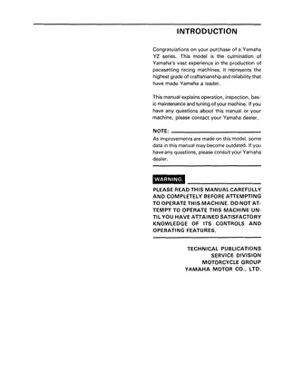 Yamaha 1989 Yamaha YZ125 repair, service manual manual preview page 2 - thumbnail