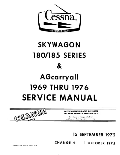 1969–1976 Cessna Skywagon 180/185 & AGcarryall Service Manual (P/N D2000C4-13)