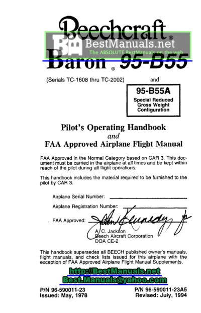 Preview: Beechcraft Baron 95-B55 / 95-B55A Pilot's Operating Handbook & FAA Approved Airplane Flight Manual (P/N 96-590011-23)