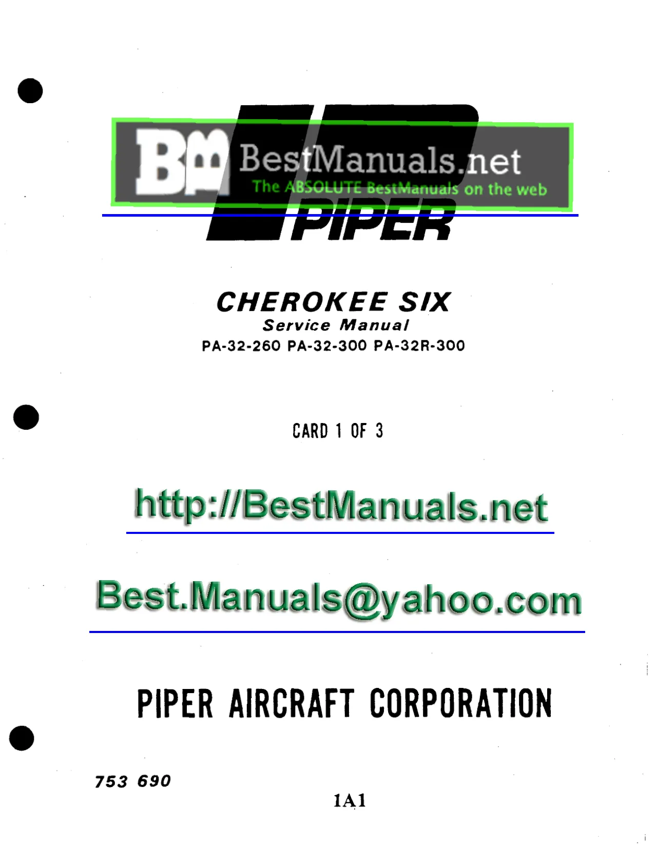Piper Cherokee Six PA-32-260, PA-32-300, PA-32R-300 aircraft service parts POH manual Preview image 1