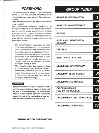 Preview: 2001–2009 Suzuki DR-Z250 Service Manual (P/N 99500-42157-01E)
