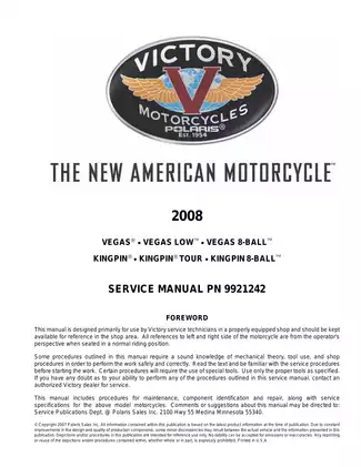 Victory Motorcycles 2008 Service Manual for Vegas and Kingpin Models