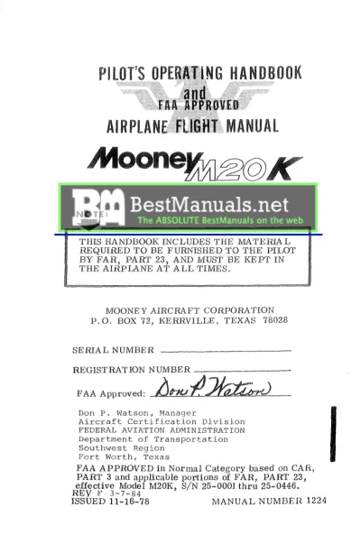 Mooney M20K Pilot's Operating Handbook (POH) 1978–1984 Service Manual – preview page 1