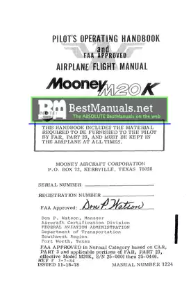 1979-1998 Mooney M20K aircraft pilots operating handbook POH pilot operating manual