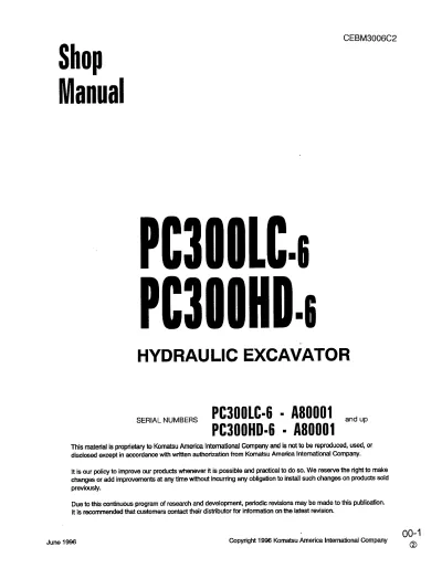 Preview: Komatsu PC300HD-6 & PC300LC-6 Hydraulic Excavator 1995–1996 Shop Manual (P/N CEBM3006C2)