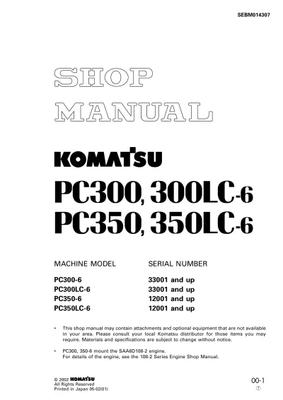 Preview: Komatsu PC300-6, PC300LC-6, PC350-6, and PC350LC-6 1995–2002 Service & Repair Manual (P/N SEBM014307)