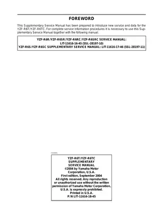 Yamaha YZF-R6T/YZF-R6TC Supplementary Service Manual (2004 Edition) Preview image 2