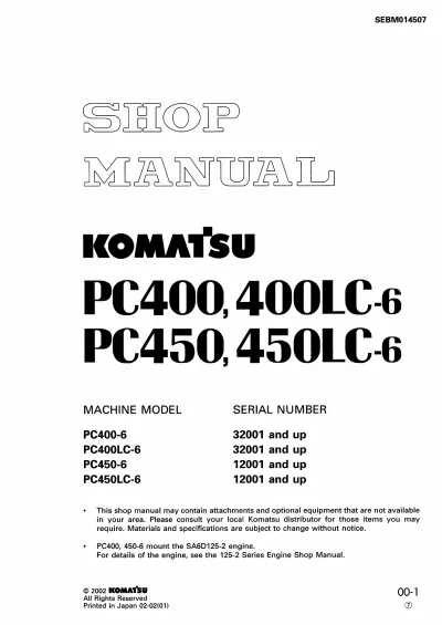 Preview: Komatsu PC400-6, PC400LC-6, PC450-6, PC450LC-6 Excavator 2002 Shop Manual (P/N SEBM014507)