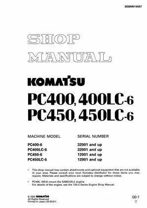 Komatsu PC400, PC400LC-6, PC400-6, PC450LC-6, PC450-6 hydraulic excavator shop manual Preview image 1