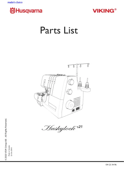 Husqvarna Huskylock S21 / S25 Sewing Machine Service Manual (P/N 104 73 00–26)