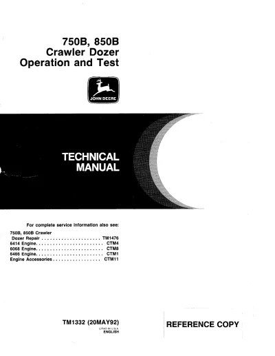 Preview: John Deere 750B / 850B Crawler Dozer Operation and Test Technical Manual (P/N TM1332)