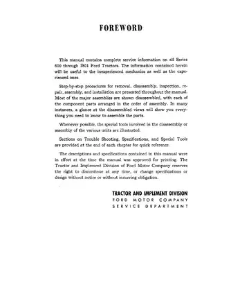 Ford Tractor Series 600-700-800-900 Service Manual (1961 Edition) Preview image 3
