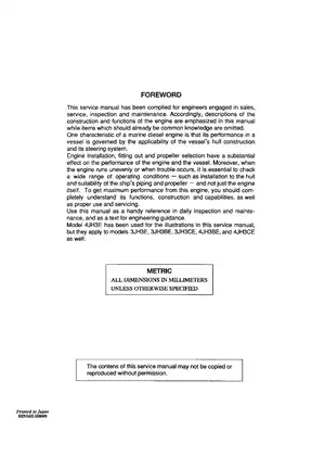 Yanmar Marine Diesel Engine Service Manual (Models: 3JH3E, 4JH3E) Preview image 3